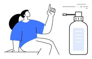 Dezenfektan şişesinin yanında parmak kaldıran biri var. Hijyen, temizlik, sağlık, COVID-19 farkındalığı, kamu sağlığı eğitimi, güvenlik ve önleyici tedbirler için ideal. Satır metaforu