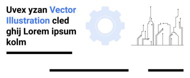 Metin elemanları, siyah çizgiler ve silueti olan vites simgesi. Mühendislik, teknoloji, iş, inşaat, kentsel planlama, sunumlar, pazarlama İniş sayfası için ideal