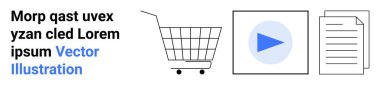Alışveriş arabası ikonu, çalma tuşu ve belgeler. E-ticaret, multimedya, çevrimiçi alışveriş, dijital içerik, teknoloji hizmetleri, web sitesi özellikleri, belge yönetimi için ideal. İniş sayfası için pankart