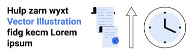 İşaretli belgeler, yukarı doğru ok ve saat, organizasyonu ve verimliliği simgeler. Proje yönetimi, verimlilik, iş planlaması, zaman izleme, görev yönetimi, iş akışları için ideal