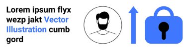 Mavi bir okun yanındaki sakallı kullanıcı profili fotoğrafı ve gizlilik korumasını vurgulayan mavi asma kilit. Güvenlik, kullanıcı kimlik denetimi, veri gizliliği ve hesap için ideal
