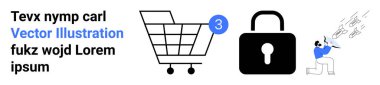 Tebligat kartı olan alışveriş arabası, güvenlik kilidi, çizelgeleri analiz eden kişi. E-ticaret, çevrimiçi alışveriş, İnternet güvenliği, veri koruması, iş analizi, dijital pazarlama, web sitesi