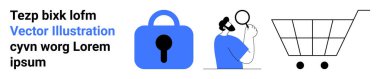 Kilit simgesi güvenliği simgeler, büyüteçle incelenen kişi ve alışveriş arabası. E-ticaret, siber güvenlik, çevrimiçi işlemler, tüketici davranışı, araştırma, perakende analizi için ideal