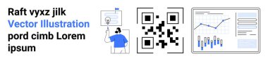 QR kodlu metin, fikir sunan kişi ve veri eğilimlerini gösteren analitik çizelge. İş, teknoloji, analitik, pazarlama, sunumlar, veri görselleştirme, dijital iletişim için idealdir. İniş