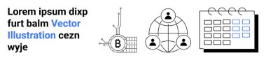 Bir ağda Bitcoin sembolü, küresel bir ağda birbirine bağlı insanlar, ve bir takvim. Kripto para birimi, ağ, küresel iletişim, zamanlama, teknoloji, dijital planlama, finansal