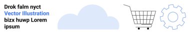 Alışveriş arabası ve vites sembolü olan bir bulut. Teknoloji, bulut hesaplama, e-ticaret, dijital pazarlama, online alışveriş, web hizmetleri ve yazılım geliştirme için ideal. İniş sayfası için pankart