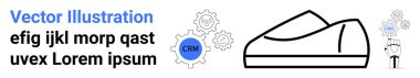 İş kavramları için CRM otomasyon sembollerine, teçhizatlara ve ampullere bağlı ayakkabı hatları. Pazarlama, iş çözümleri, otomatikleştirilmiş sistemler, CRM sistemleri, teknoloji, yenilik için ideal