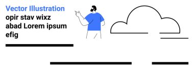 Mavi tişörtlü bir adam mesaj yoluyla bulutu işaret ediyor. Eğitim içeriği, sunumlar, bloglar, reklamlar, web siteleri, pazarlama materyalleri ve iniş sayfası için ideal