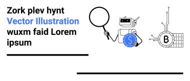Robotun elinde büyüteç, para birimi sembolü ve engelleme devresi var. Finans, kripto para birimi, teknoloji, yapay zeka, araştırma, eğitim ve sunumlar için ideal. İniş sayfası