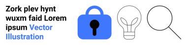 Mavili asma kilit, ampul ve büyüteç simgeleri. Siber güvenlik, yenilik, araştırma, güvenlik, veri koruması, teknoloji ve soruşturma konuları için ideal. İniş sayfası için pankart