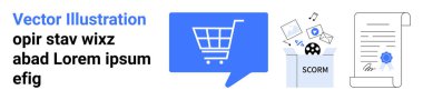 Mavi konuşma balonunda alışveriş arabası, SCORM etiketli kutu, mühürlü belge ve imza. E-ticaret, eğitim, teknoloji, sertifika, e-öğrenme, içerik yönetimi için ideal