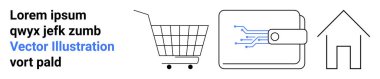 Alışveriş arabası, devre kartı tasarımlı dijital cüzdan ve ev ikonu. Çevrimiçi alışveriş, dijital ödemeler, ev hizmetleri, fintech platformları, gayrimenkul, teknoloji girişimleri ve web için ideal