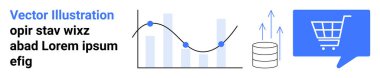 Alışveriş arabası ikonu, bar grafiği, çizelge, veritabanı sembolü. Veri analizi, e-ticaret, piyasa eğilimleri, iş görüşleri, çevrimiçi perakende, finansal büyüme, teknoloji girişimleri için ideal. İniş sayfası