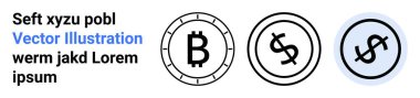 Dairesel çerçevede Bitcoin sembolü, başka bir çemberin içinde dolar sembolü, ve mavi eğimli çemberin içinde varyant dolar sembolü. Finansal teknoloji, dijital para birimi ve kripto için ideal.