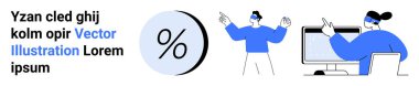 Blue-and-white digital workspace featuring a percentage symbol, a person gesturing, and another working on a computer. Ideal for marketing, education, business, finance, technology, design