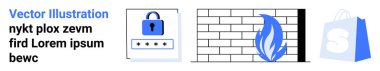 Üç simge, parola alanı olan mavi bir kilit, alevli bir güvenlik duvarı ve beyaz logolu bir alışveriş çantası gösteriyor. Çevrimiçi güvenlik, veri koruması, siber güvenlik, e-ticaret, güvenlik duvarları için ideal