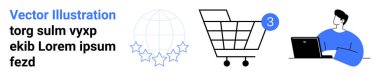 3 numaralı alışveriş arabası, yıldızlı dünya, online alışveriş için dizüstü bilgisayar kullanan adam. E-ticaret, perakende satış, dijital pazarlama, çevrimiçi iş, müşteri değerlendirmeleri, alışveriş arabaları, web siteleri için ideal