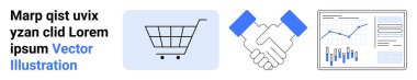 Alışveriş arabası ikonu, tokalaşma grafiği ve veri analiz çizelgesi. E-ticaret, ortaklık, analitik, iş büyümesi, finansal raporlar, piyasa araştırmaları, satışlar için ideal. İniş sayfası