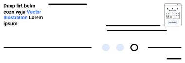 Siyah yatay çizgiler, yer tutucu metin, mavi ve gri daireler, takvim simgesi, minimalist tasarım, modern düzen, açık arkaplan. Web tasarımı için ideal, minimalizm, modern sanat, UIUX, temiz