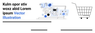 Sohbet arayüzü ve müşteri desteği simgeleri olan dizüstü bilgisayarın yanında alışveriş arabası. E-ticaret, müşteri hizmetleri, çevrimiçi alışveriş, teknik destek, perakende pazarlama, dijital iletişim için ideal