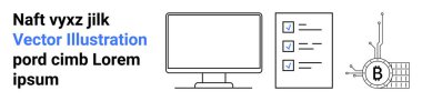 Kontrol listeli bilgisayar monitörü ve devrelerde Bitcoin sembolü. Teknoloji blogları, kripto para rehberi, dijital varlık yönetimi, eğitim içeriği, finansal makaleler, engelleme kursları için ideal