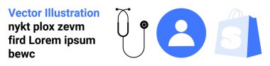 Resimde bir steteskop, bir kullanıcı profili ikonu ve bir alışveriş poşeti ikonu yer alıyor. Tıbbi hizmetler için ideal, çevrimiçi profiller, e-ticaret, sanal istişareler, dijital pazarlama. İniş sayfası