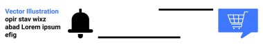 Tebligat zili, alışveriş arabası sembollü mavi konuşma balonu, siyah çizgiler. E-ticaret, bildirimler, çevrimiçi alışveriş, dijital pazarlama, kullanıcı etkileşimi, web sitesi tasarımı, mobil uygulamalar için ideal