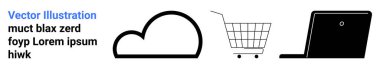Bulut, alışveriş arabası ve dizüstü bilgisayar simgeleri dijital teknolojiyi ve e-ticareti sembolize eder. Teknoloji, çevrimiçi alışveriş, bulut hizmetleri, dijital pazarlama, web tasarımı, modern iş, bağlantı için ideal