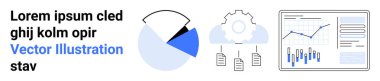 Pie chart, cloud gear with data files, bar and line graph within screen. Ideal for data analysis, cloud computing, data storage, business analytics, information technology, performance tracking clipart