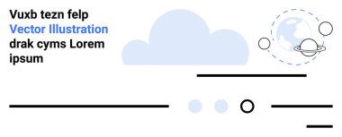 Merkezde bulut, sağ köşede uzay elementleri, sol üstte yer tutucu metin, noktalı daireler, yatay çizgiler, mavi ve siyah elementler. Teknoloji, boşluk, minimalizm, iniş sayfaları, dijital için ideal