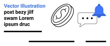 Bozuk para sembolü, mavi uyarı zili, üç noktalı konuşma balonu, metin blokları ve yatay çizgiler. Finans, iletişim, bildirimler, kullanıcı arayüzü, uygulamalar ve dijital için ideal