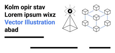 Piramidin tepesindeki göz, birbirine bağlı küpler ve metin elementlerinden oluşan bir ağ, siyah ve mavi. Teknoloji, veri bilimi, mistisizm, ağ güvenliği, engelleme zinciri, yapay zeka kavramları, sunumlar için ideal