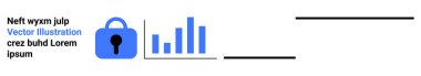 Üzerinde mavi asma kilit simgesi olan verileri gösteren çubuk grafiği güvenliği gösteriyor. Siber güvenlik, veri koruması, bilişim hizmetleri, çevrimiçi mahremiyet, güvenli işlemler, şifreleme ve güvenlik protokolleri için ideal. Pankart