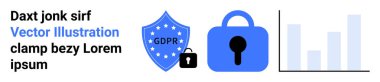 Yıldızlı GDPR kalkanı, asma kilit, mavi güvenlik kilidi ve veri güvenliği görselleştirmesi için bar şeması. IT güvenliği, veri koruması, uyum, gizlilik politikaları, dijital güvenlik için ideal
