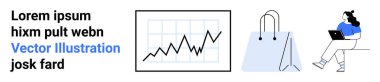 İş büyüme çizelgesi, alışveriş çantası ve dizüstü bilgisayarda çalışan biri. E-ticaret, iş analizleri, çevrimiçi alışveriş, evden çalışma, dijital pazarlama, veri analizi, verimlilik için ideal
