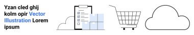 Alışveriş arabası, bulut ve yer tutucu metnin yanında kontrol listesi simgeleri. E-ticaret, bulut hizmetleri, proje yönetimi, çevrimiçi alışveriş, veri depolama, dijital pazarlama, teknoloji kavramları için ideal