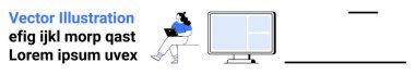 Dizüstü bilgisayarlı bir kadın, büyük bilgisayar monitörü, sahte metin blokları, kompozisyonda minimalist satırlar. Uzak çalışma, web tasarımı, modern ofis, teknoloji temaları, minimalizm, üretkenlik, UIUX