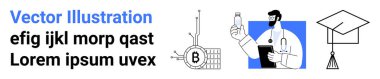 Doktor elinde şişe, Bitcoin blok zinciri ve mezuniyet şapkası tutuyor. Eğitim içeriği, tıbbi sunumlar, kripto para birimi blogları, akademik belgeler, mali raporlar, sağlık pazarlaması için ideal