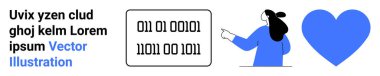 Female character pointing at binary code near large blue heart shape. Ideal for tech presentations, educational materials, coding workshops, website banners, app designs, digital marketing, online clipart