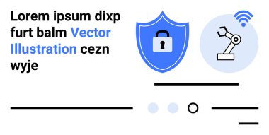 Kilitli kalkan güvenliği simgeler, robotik kol otomasyonu simgeler, ve kablosuz sinyaller bağlantıyı simgeler. Teknoloji, siber güvenlik, otomasyon, robot bilimi, yenilik, İOT ve endüstri için ideal