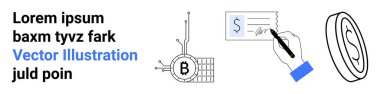 Çek imzalama, Bitcoin blok simgesi, dolar para sembolü. Fintech, kripto para birimi, dijital ödemeler, engelleme teknolojisi, finans hizmetleri, çevrimiçi bankacılık, yatırım için ideal
