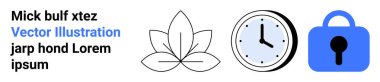 Soyut yaprak, saat ve asma kilit sembolleri düz bir metnin yanında. Web sitesi, meditasyon, verimlilik, zaman yönetimi, güvenlik, eğitim ve teknoloji için ideal. İniş sayfası için pankart