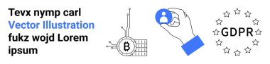 Bir kullanıcı simgesi, Bitcoin devresi, GDPR yıldız sembolü. Engelleme zinciri, veri güvenliği, gizlilik politikası, kullanıcı yönetimi, teknoloji, dijital kimlik ve uyum için ideal. İniş sayfası
