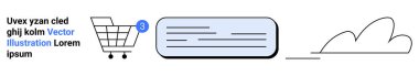 Bildirimli baloncuklu alışveriş arabası, giriş ve mesajlar için mesaj kutusu, depolama çözümleri veya çevrimiçi hizmetler için bulut ögesi. E-ticaret, bulut depolama, kullanıcı arayüzü, bildirimler için ideal