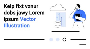 Mesleki düşünce, elinde belgeler, veri depolama ikonu, oklu bulut sembolü. İş, veri yönetimi, bulut teknolojisi, analitik, bilişim hizmetleri, kurumsal strateji için ideal