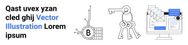 Güvenliği sembolize eden üç anahtar, veri yönetimini temsil eden e-postaları gösteren bilgisayar ve blok temalı bitcoin ikonu. Fintech, veri güvenliği, bilişim çözümleri, engelleme zinciri, dijital için ideal