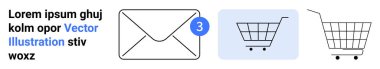 Üç yeni mesajı gösteren bir zarf. Alışveriş arabası ikonlu mavi kare ve boş alışveriş arabası. E-ticaret için ideal, dijital iletişim, bildirimler, çevrimiçi