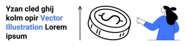 Yükselen bir oku işaret eden bir kadın, yanında da bir dolarlık bozuk para var. Finans, iş büyümesi, yatırım, ekonomi, pazarlama stratejileri, mali danışmanlık, para için ideal