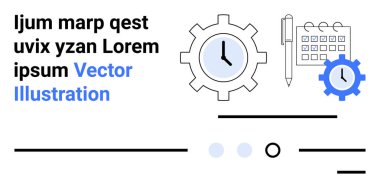 Saat, takvim, kalem ve metin blokları. Temalar zaman yönetimi, üretkenlik, organizasyon, planlama, kesinlik, verimlilik teknolojisi iş teknolojisi eğitimi için idealdir