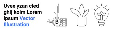 Bitcoin blok zinciri, saksı bitkisi ve ampul teknolojiyi, doğayı ve yeniliği temsil eden üç minimalist element. Fintech, sürdürülebilirlik, yaratıcılık, girişimler ve eğitim için ideal